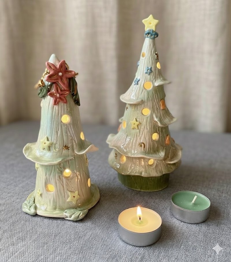 クリスマスツリー。手びねり作品。平安と吉祥の光が照らすアロマランプシェード。ギフト。 - キャンドル・燭台 - 陶器 