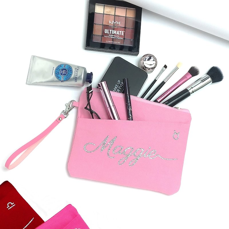 專屬 化妝包 10色可選 客製化文字 化妝袋 雜物包 手腕包 手拿包 - 手拿包 - 棉．麻 粉紅色