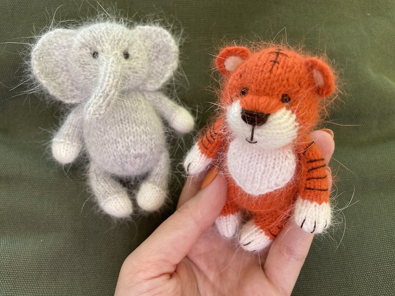 Hand knitted tiger and elephant toy for a newborn photo shoot - Kids' Toys - Wool Orange