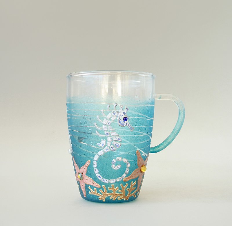 Seahorse Mug, Starfish, Shell, Coffee Tea Glass, Swarovski, Hand painted
