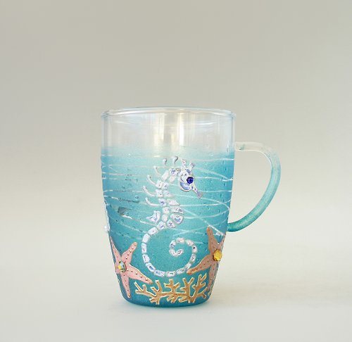 NeA Glass Seahorse Mug, Starfish, Shell, Coffee Tea Glass, Swarovski, Hand painted