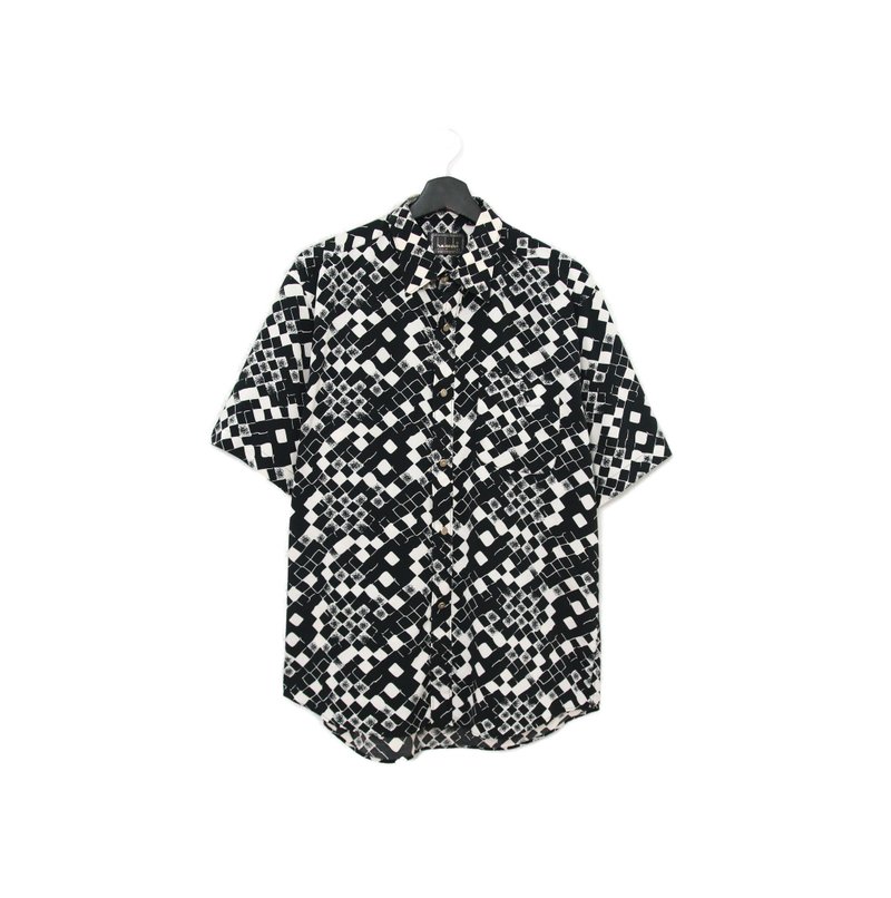 Back to Green- 短袖花襯衫 黑白 格紋交錯 ss-35 vintage shirt - 男襯衫/休閒襯衫 - 絲．絹 