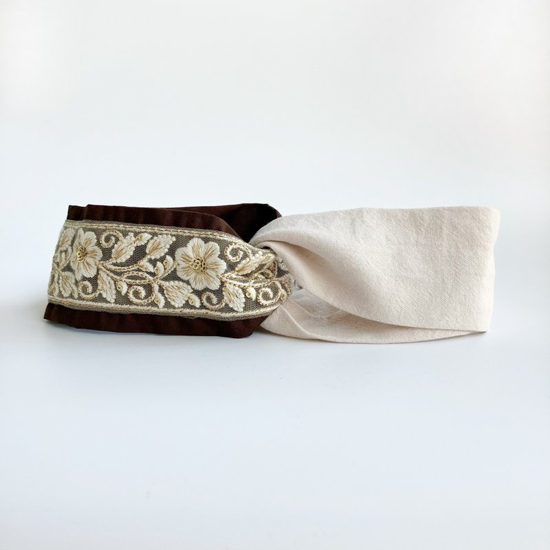 日本刺繡緞帶 大地色繁花 日本布 交叉髮帶 不撞款手工髮帶 - 髮箍/髮帶 - 棉．麻 咖啡色