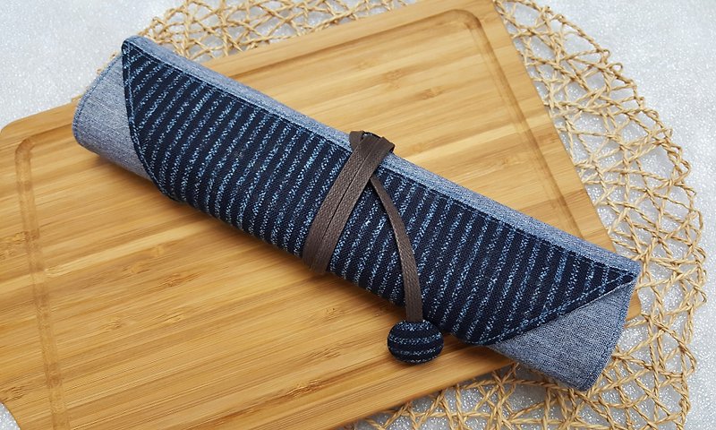 藍條紋日本進口棉布~環保餐具套/餐具包(4格式) - 筷子/筷架 - 棉．麻 多色