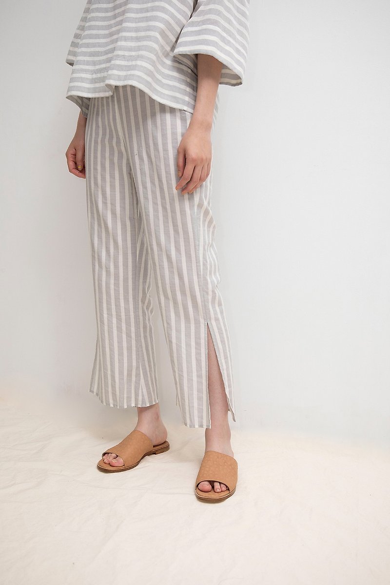Back elastic trousers with slit pants - กางเกงขายาว - ผ้าฝ้าย/ผ้าลินิน สีเทา