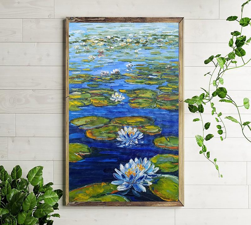 荷花畫池睡蓮原創藝術睡蓮牆藝術花卉畫布 - 壁貼/牆壁裝飾 - 棉．麻 藍色