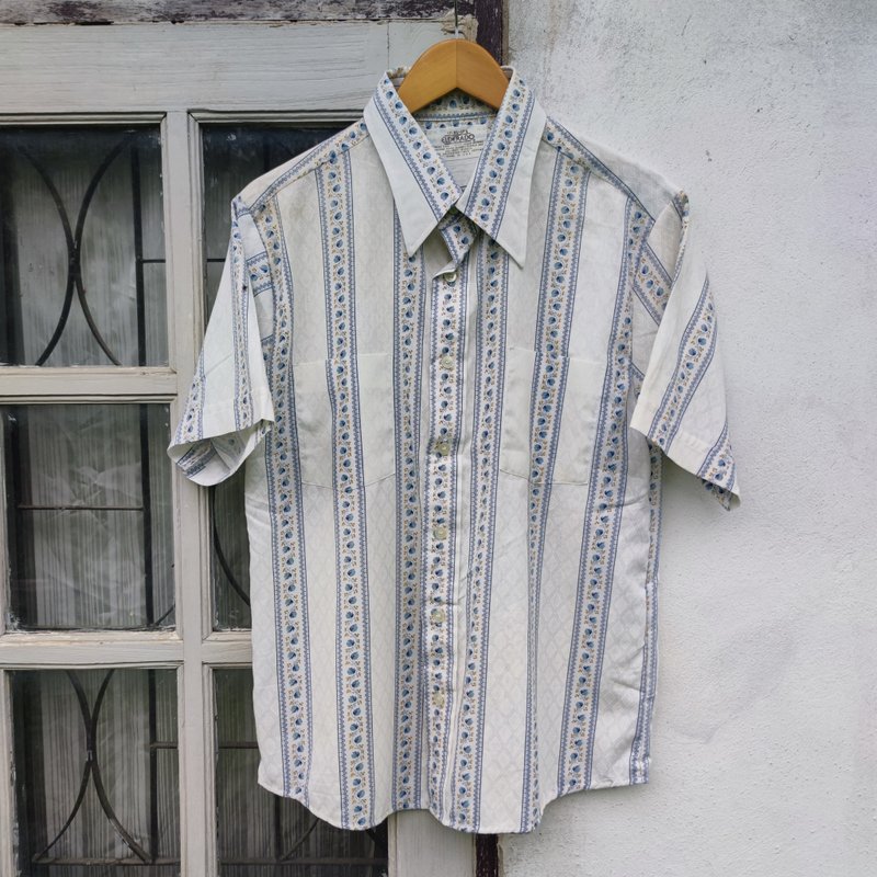 Vintage 70s Elderado Floral Striped Sport Shirt - เสื้อเชิ้ตผู้ชาย - ผ้าฝ้าย/ผ้าลินิน ขาว