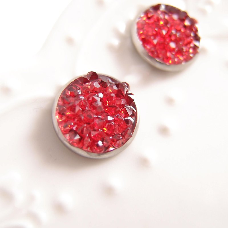 紅水晶簇 【Cr0191-R】貼耳式 針式 不鏽鋼針 夾式 耳環
