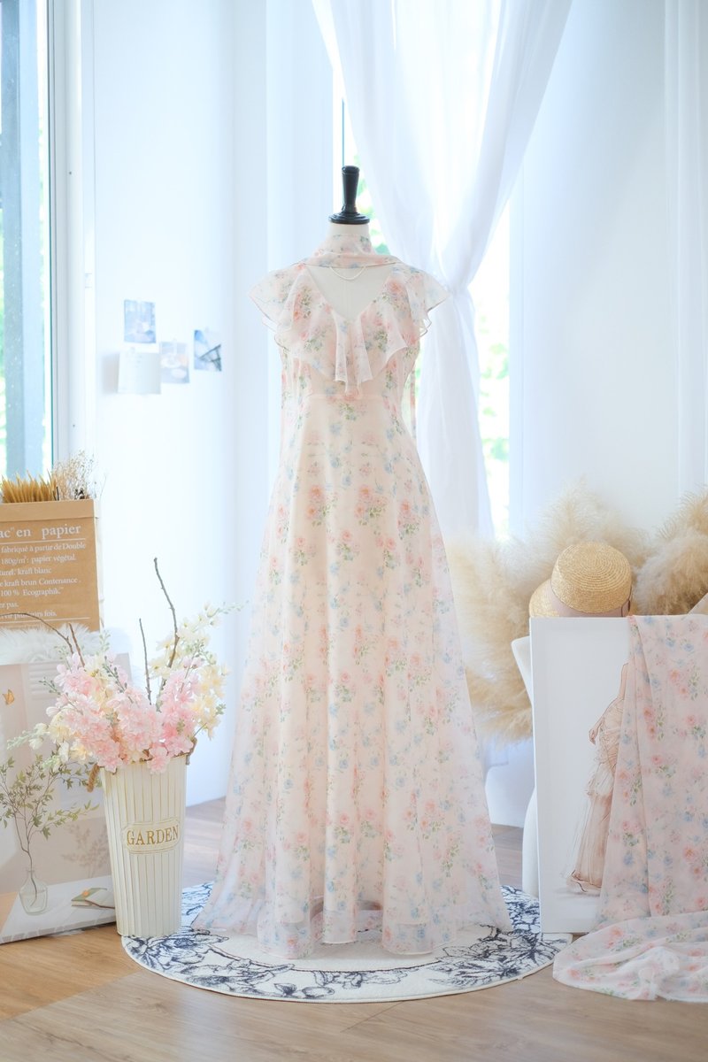 禮服｜綁結設計｜長洋裝｜淡粉色｜碎花圖案 - 連身裙 - 聚酯纖維 粉紅色