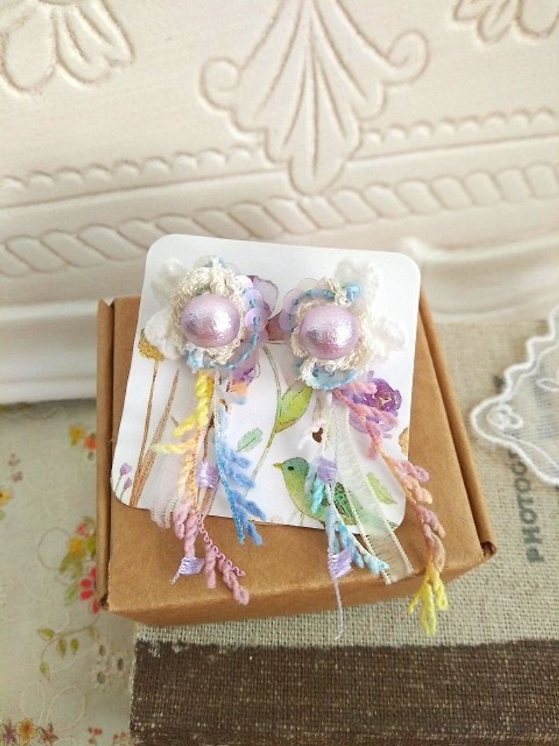 Garohands Japan imported cotton lace pearl earrings * feel lavender D080 romantic temperament gift - ต่างหู - วัสดุอื่นๆ สีม่วง
