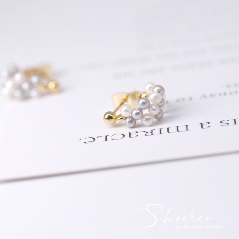 天然灰白珍珠編織耳圈 迷你珍珠編織 條紋設計 天然石耳墜 輕珠寶 - 耳環/耳夾/耳骨夾 - 珍珠 銀色