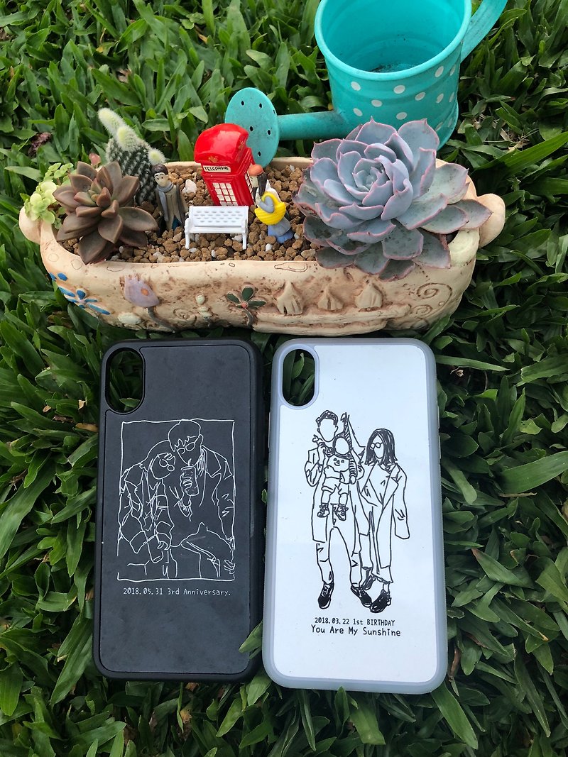 Customized Q version of the mobile phone case [light line hand-painted] line painter likes to paint a hand-painted portrait - เคส/ซองมือถือ - โลหะ สีดำ