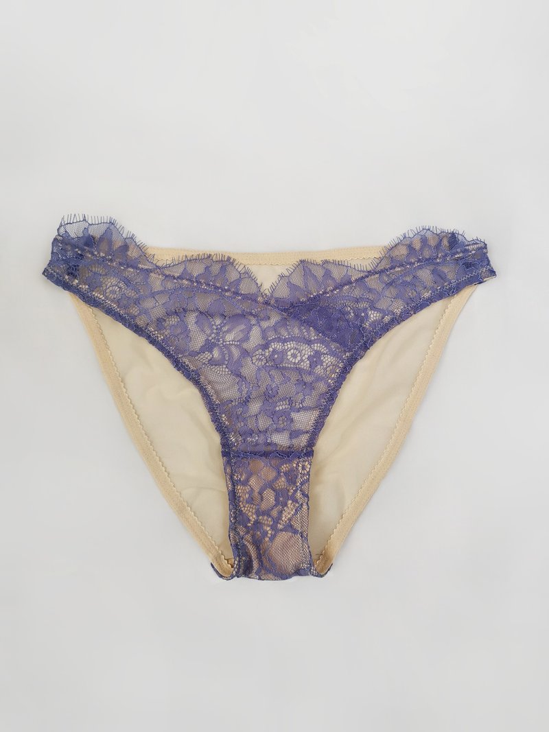 Purple blue lace briefs - Beige mesh panties - Sheer lace sexy lingerie - 女內衣褲 - 聚酯纖維 紫色