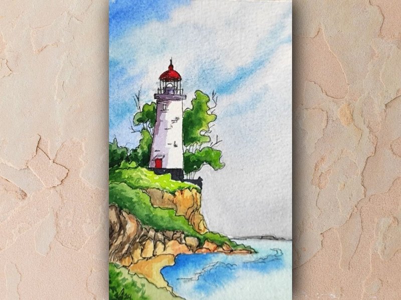 White Lighthouse painting original watercolor painting seascape art 8 by 13 cm - Posters - Paper Multicolor