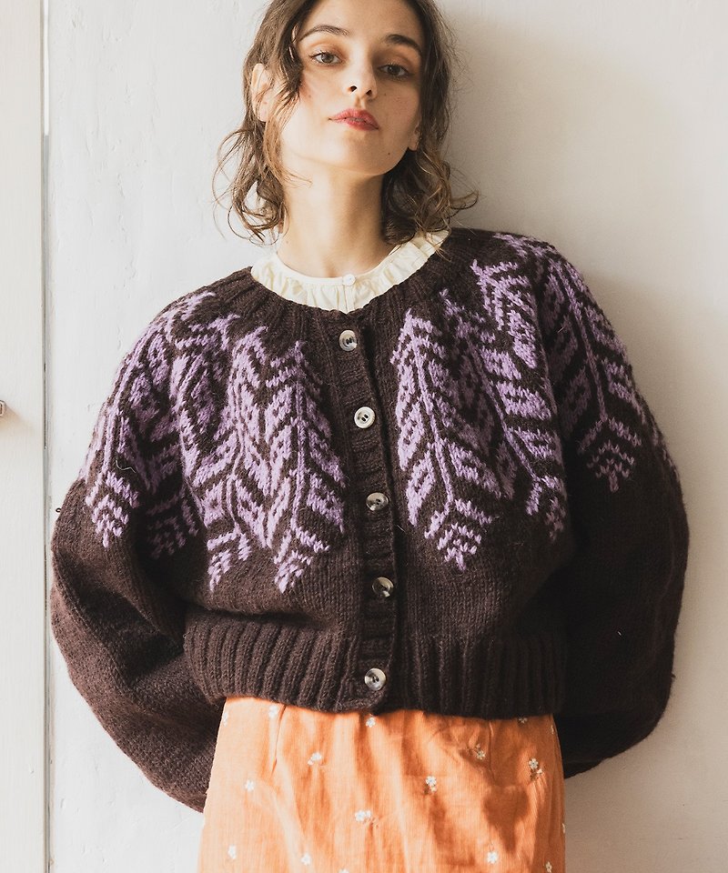 羊毛 毛衣/針織衫 咖啡色 - hand knit feather jacquard cardigan