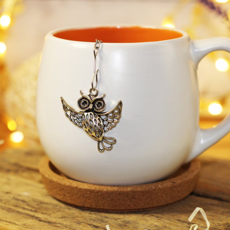 Owl tea infuser for loose leaf tea, Tea strainer with owl charm, Tea Steeper owl - 茶壺/茶杯/茶具 - 不鏽鋼 銀色