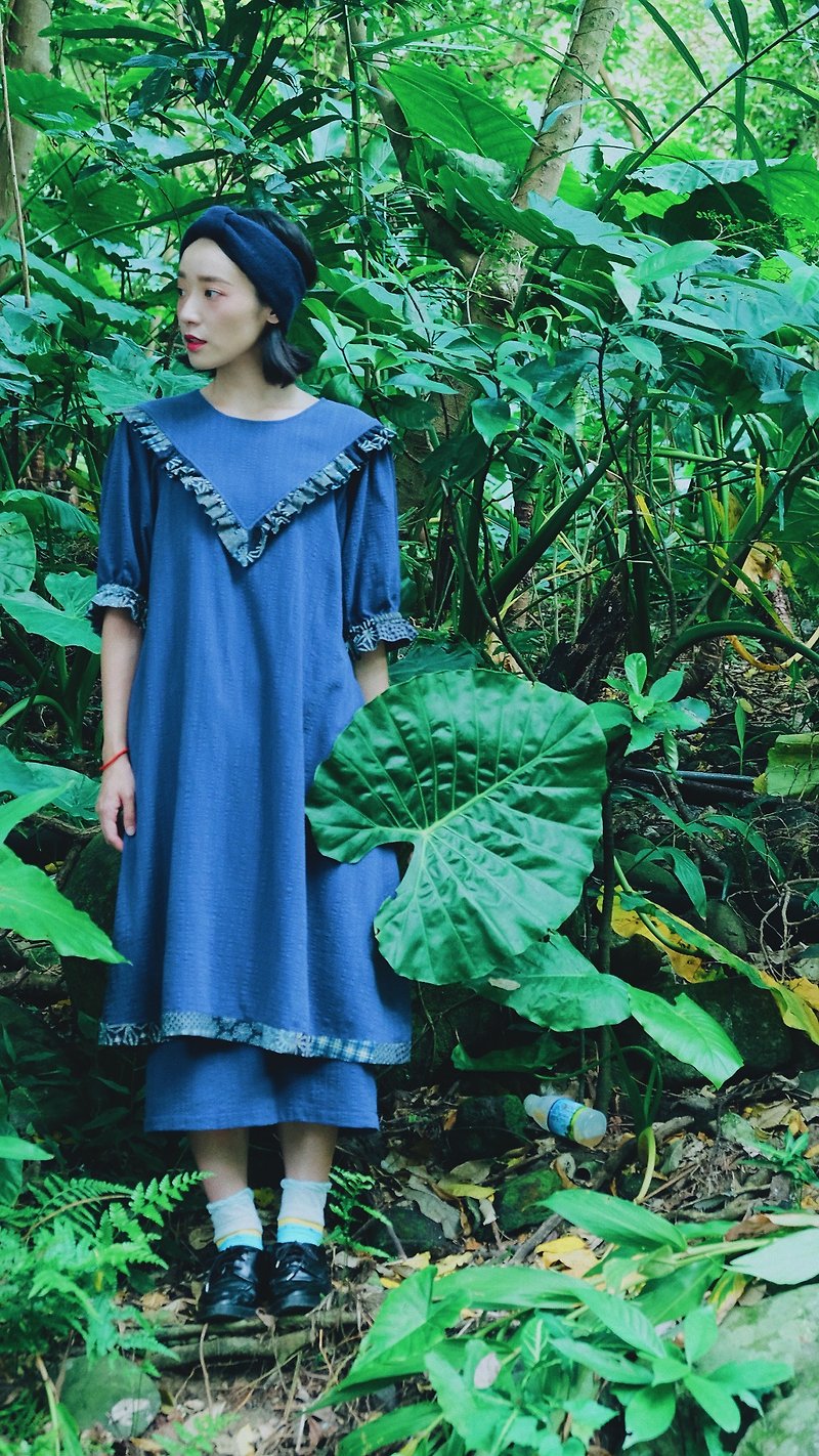 Muscle bamboo flower handle, blue patchwork / / boutonniere dress - ชุดเดรส - ผ้าฝ้าย/ผ้าลินิน สีน้ำเงิน