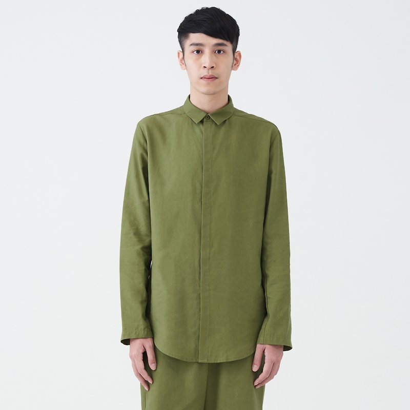 TRAN - 藏釦圓擺襯衫 - 男裝 恤衫 - 聚酯纖維 綠色