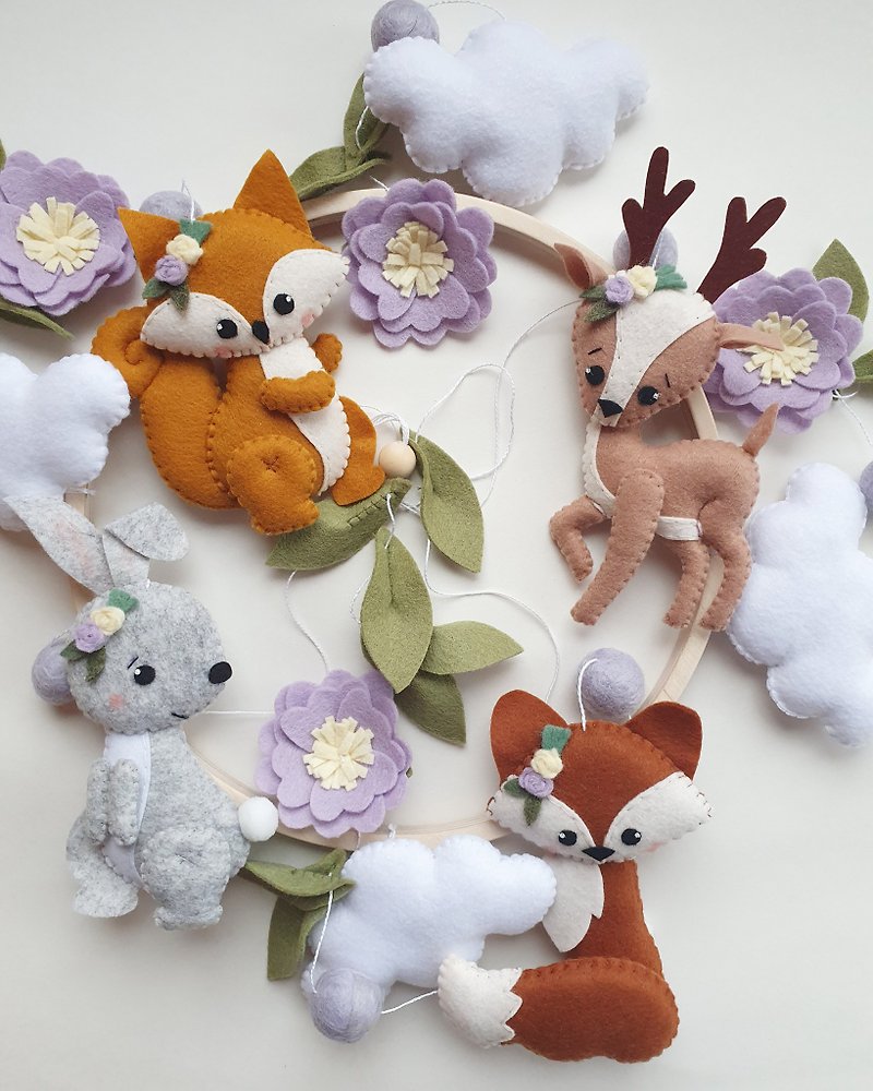 Woodland baby mobile, flowers mobile, forest mobile, woodland nursery, fox - Kids' Toys - Eco-Friendly Materials 