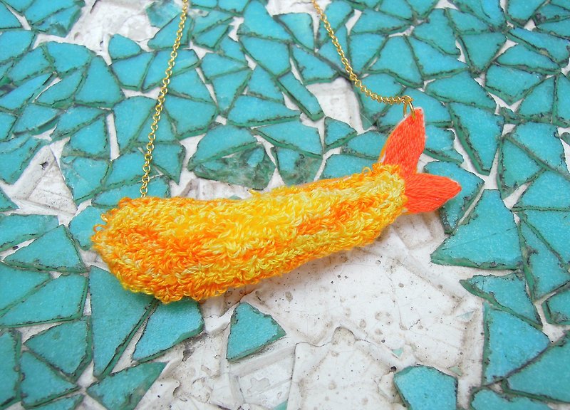 Fried shrimp tempura embroidery necklace (small) - สร้อยคอ - งานปัก สีส้ม