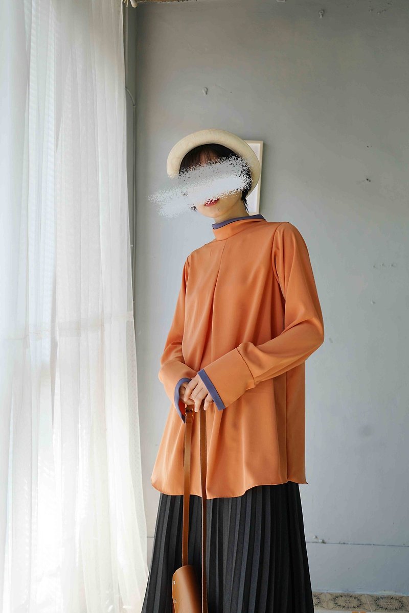 設計手作-蜜桃橘配色長版寬袖翻領上衣 - 女襯衫 - 聚酯纖維 橘色