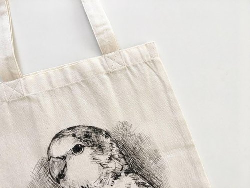 ハンドメイド手刺繍トートバッグ-オウム ハンドメイドのオウムアップリケ付きジュートトートバッグ