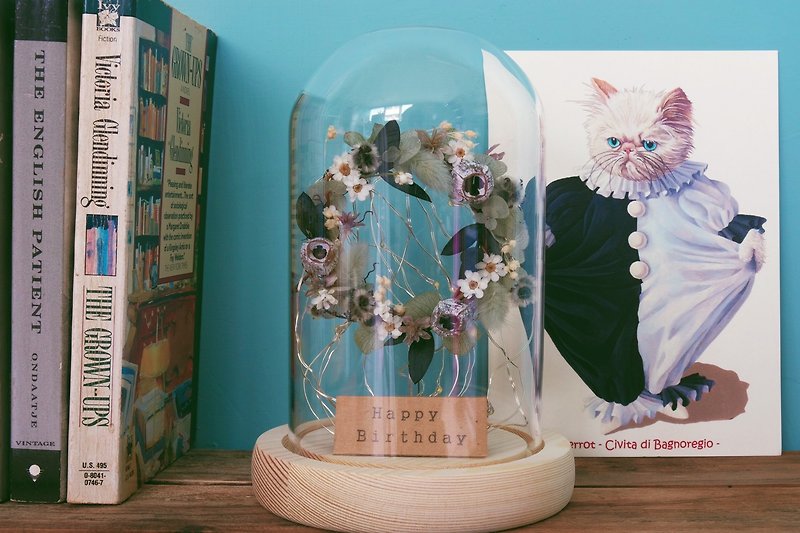 經典人生 小花圈玻璃盅夜燈 客製化祝福小語 - 乾花/永生花 - 植物．花 藍色