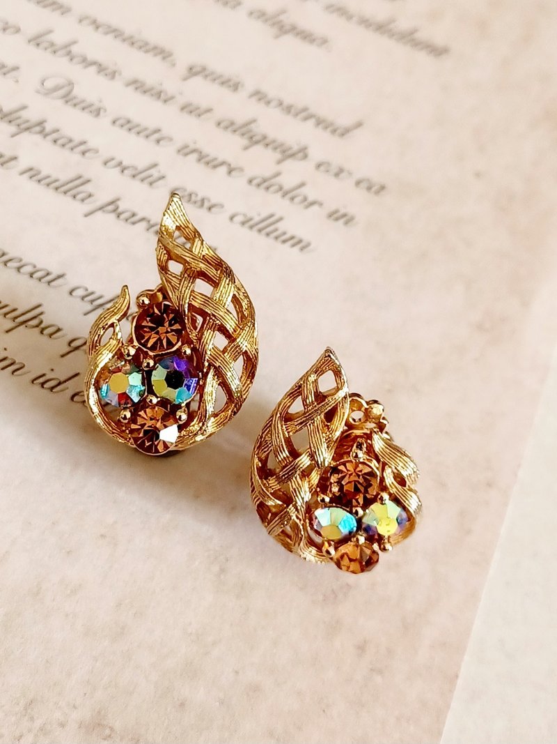 Avintage jewelry  LISNER 繽紛砂金網格萊茵 夾式耳環 - 耳環/耳夾/耳骨夾 - 其他金屬 