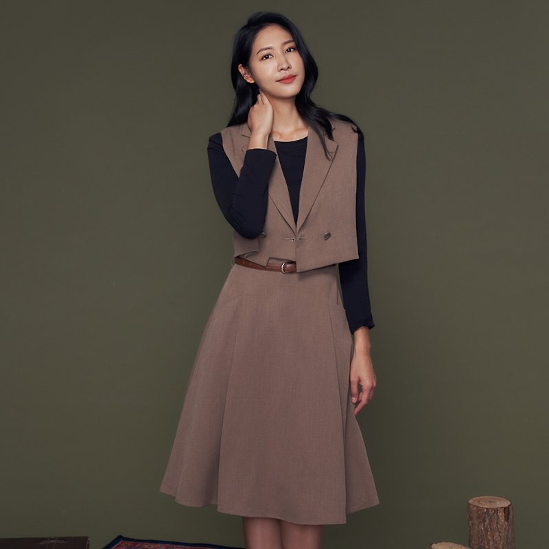 【MEDUSA】Brown Suit Vest A-skirt Dress - Two-piece Set - One Piece Dresses - Polyester Brown