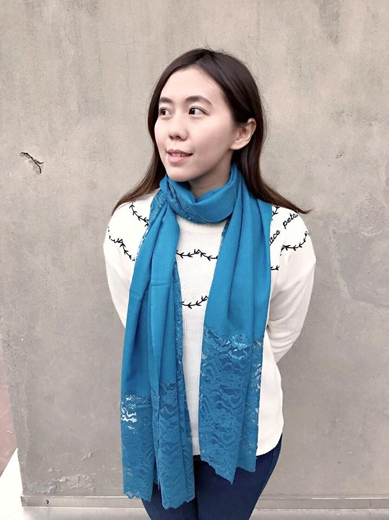 100% cashmere / pashmina handmade lace design shawl scarf - ผ้าพันคอ - ขนแกะ สีน้ำเงิน