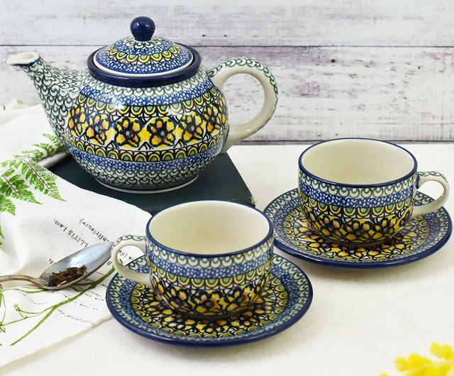 Polish handmade pottery cup set (1 pot and 2 cups set) - Shop