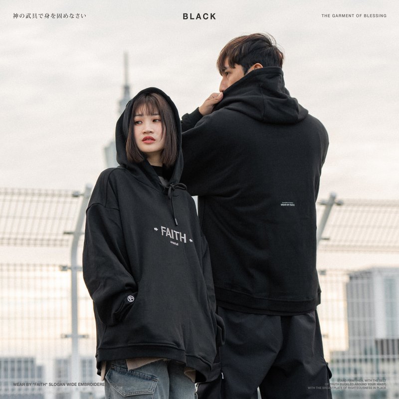 Apostle Wear by (FAITH) Slogan Wide Embroidered Hoodie Black - 帽T/大學T - 其他人造纖維 黑色