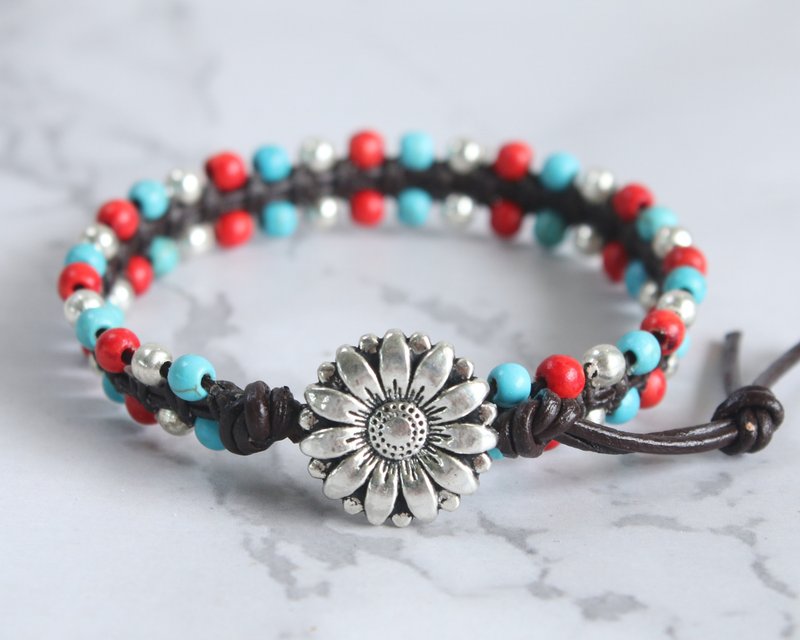 Turquoise Red Coral Leather Daisy Flower Bracelets For Women Best Friends Gift - สร้อยข้อมือ - หนังแท้ สีน้ำเงิน