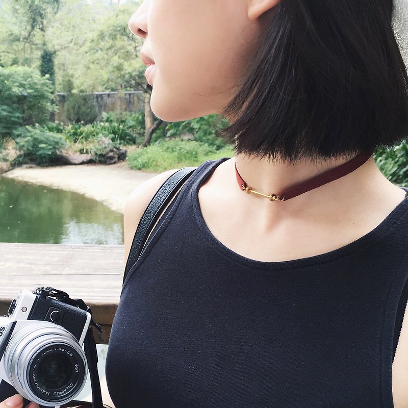 Column Type Choker Necklace (Dark Red/Black) - Chokers - Other Metals Gold