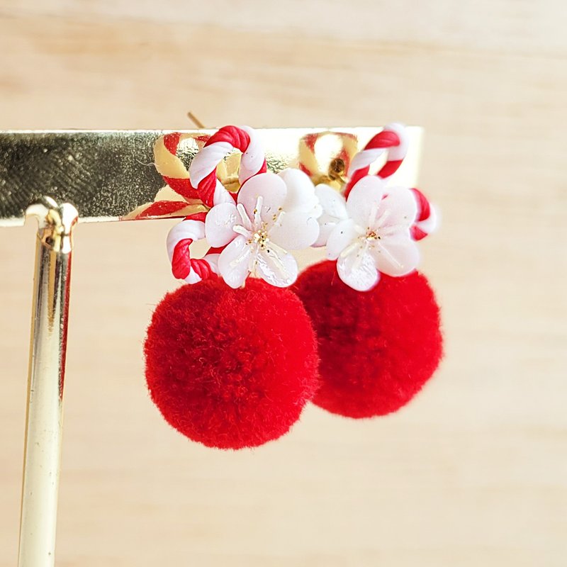 新春紅梅白梅 14K包金耳環/耳夾 - 耳環/耳夾 - 黏土 紅色