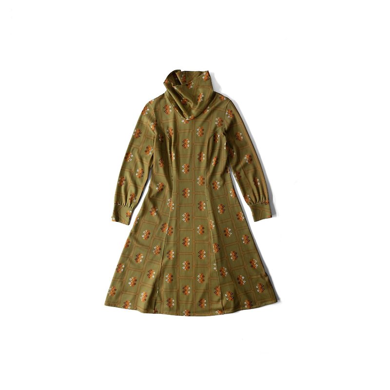 A PRANK DOLLY-Vintage 60s olive green geometric pattern turtleneck dress - One Piece Dresses - Polyester Green