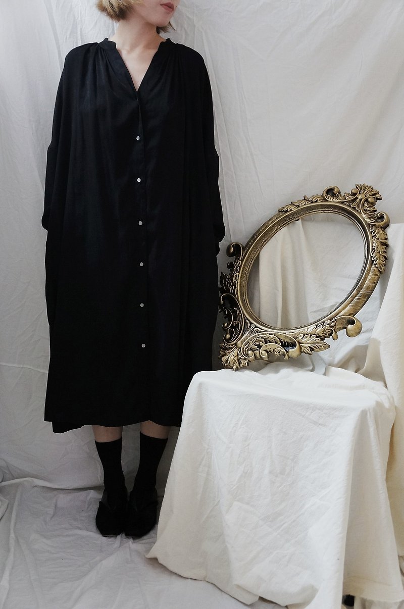 silk linen shirt dress BLACK 黑色絲麻寬鬆襯衣連衣裙