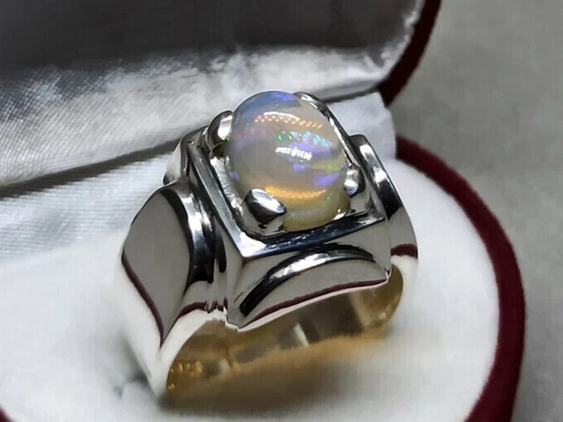 3 Carat Natural Ethiopian Fire Opal Ring 925 Sterling Silver Handmade Mens Ring - 戒指 - 寶石 白色