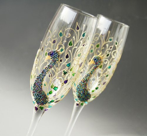 Wine Glasses Peacock Feather Hand-painted set of 2 - Shop NeA Glass Bar  Glasses & Drinkware - Pinkoi