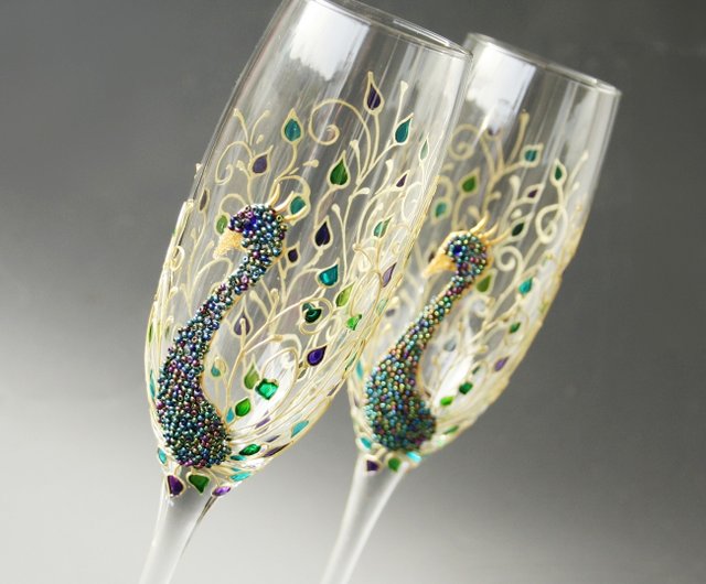 Peacock Wedding Champagne Glasses  A Wincy Glass N' Design, LLC – A Wincy  Glass N Design