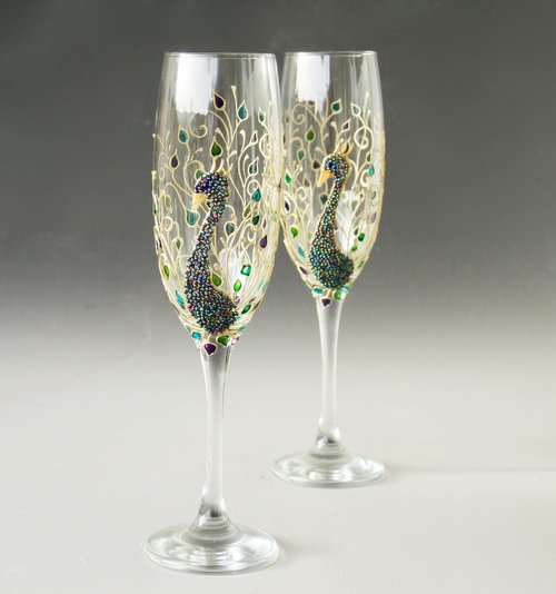 Wine Glasses Peacock Feather Hand-painted set of 2 - Shop NeA Glass Bar  Glasses & Drinkware - Pinkoi