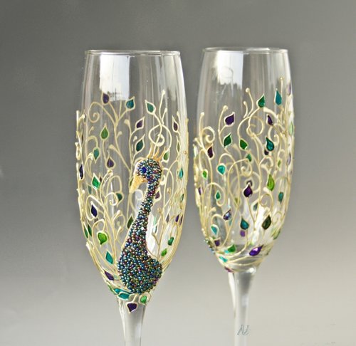 Peacock Wedding Champagne Glasses  A Wincy Glass N' Design, LLC – A Wincy  Glass N Design