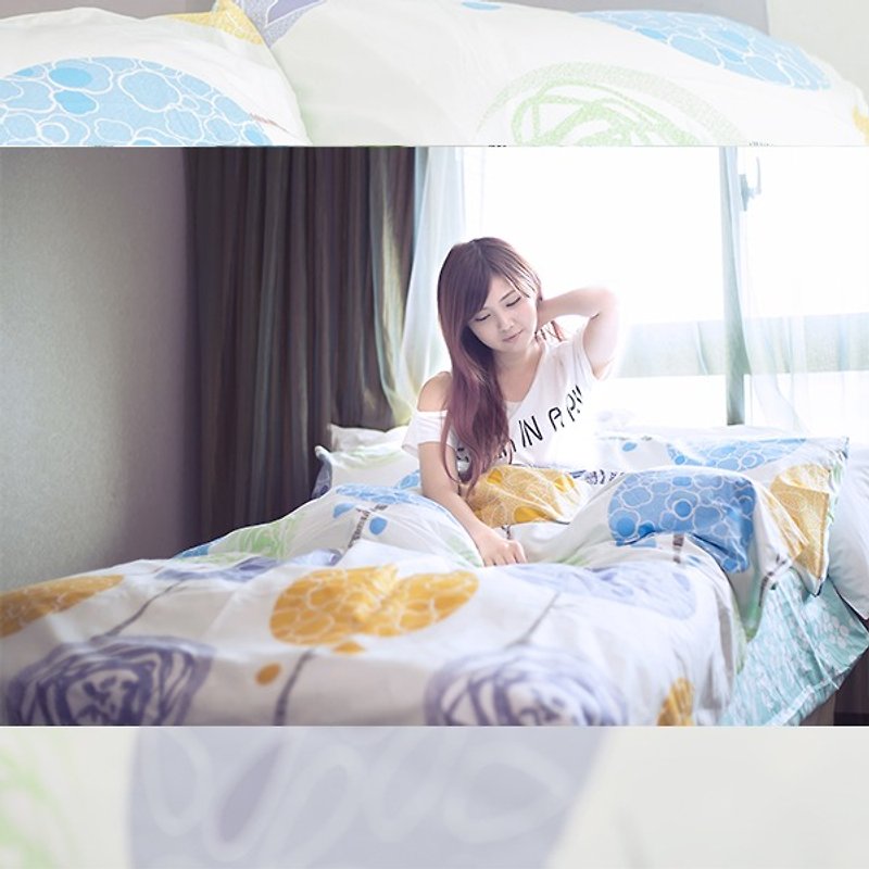 (加大)夏日薄荷(黃)-雙面設計100%精梳棉薄件床包四件組 6×6.2尺 - 床包/寢具 - 棉．麻 黃色