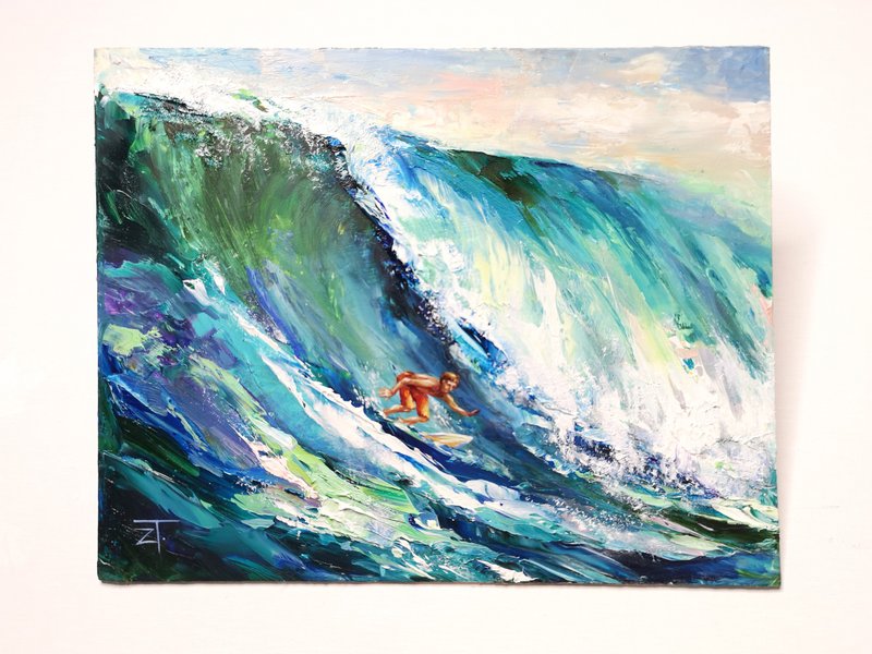 Painting Original Art Surfer Seascape on Cardboard 22x28cm. - 海報/掛畫/掛布 - 其他金屬 