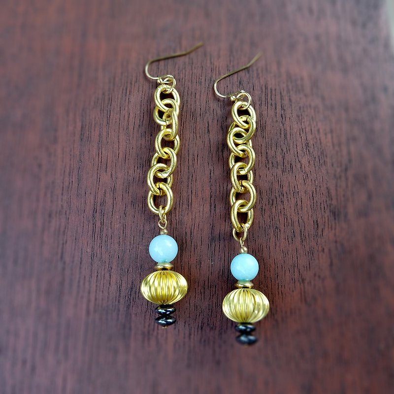 Brass ball and Opal Brass chain earrings (code : che003) - Earrings & Clip-ons - Stone 