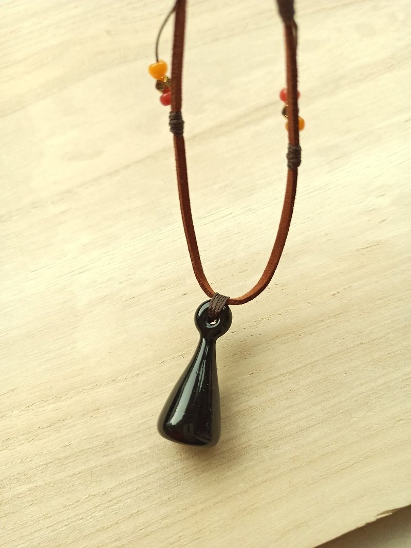 Opaque black glass perfume essential oil bottle old glass bead necklace - Necklaces - Colored Glass Black
