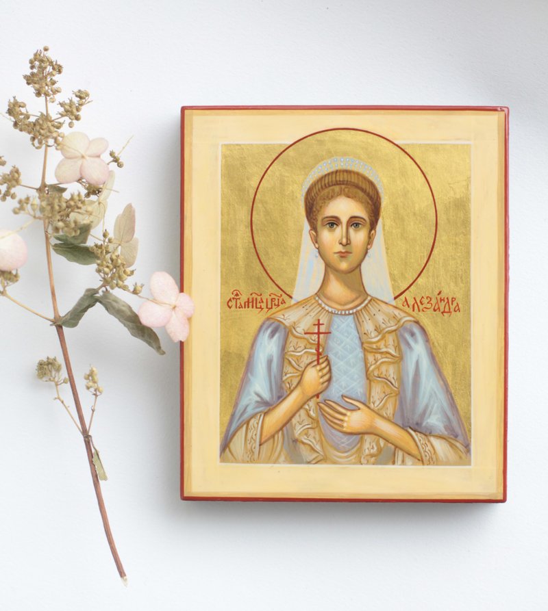 hand painted orthodox christian Saint Holy Empress Alexandra Romanov family Icon - 其他 - 木頭 粉紅色