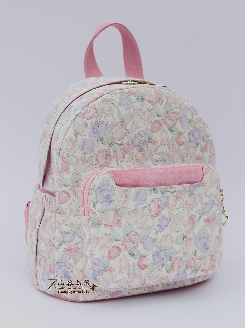 Romantic tulip backpack/backpack|fabric backpack - กระเป๋าเป้สะพายหลัง - ผ้าฝ้าย/ผ้าลินิน สึชมพู