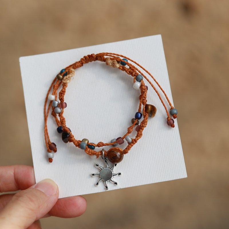 Sun tiger eye natural stone woven waxed cord double layered bracelet - 手鍊/手鐲 - 繡線 多色