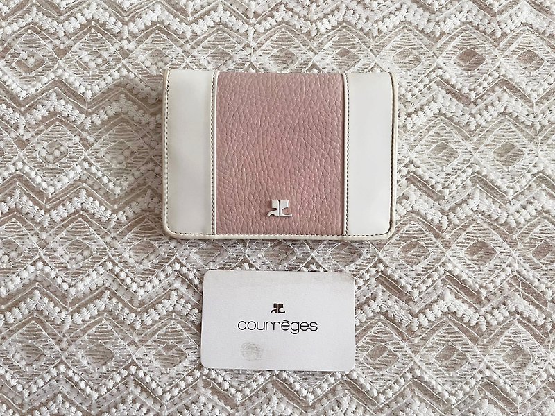 90s COURRÈGES Pastel Pink and White leather wallet with white logo at front - 長短皮夾/錢包 - 真皮 粉紅色